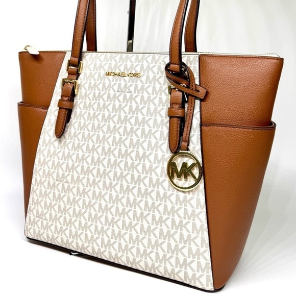 Michael Kors Charlotte Large Leather Top-Zip Tote Bag - Vanilla/Brown - Picture 1 of 10